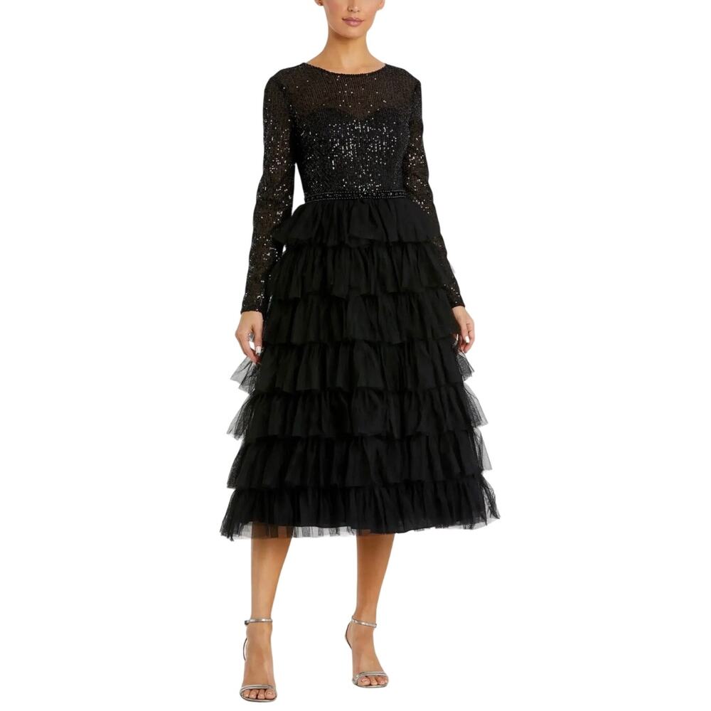 Mac Duggal 26299 Black Cocktail Dress Sequined Tulle Long Sleeve A-Line Size 4